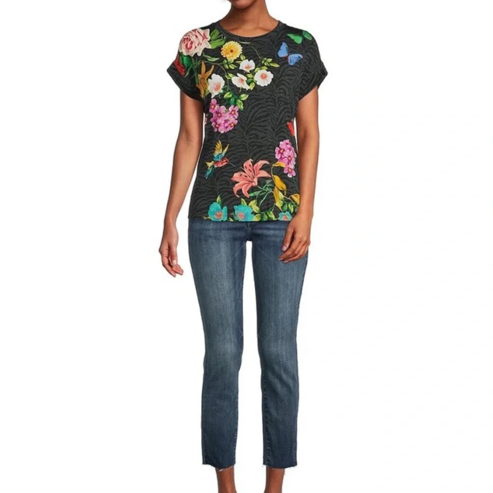 JOHNNY WAS Blooming Breeze Floral Print Crew Neck Short Sleeve Relaxed Tee Shirt - Picture 3 of 15